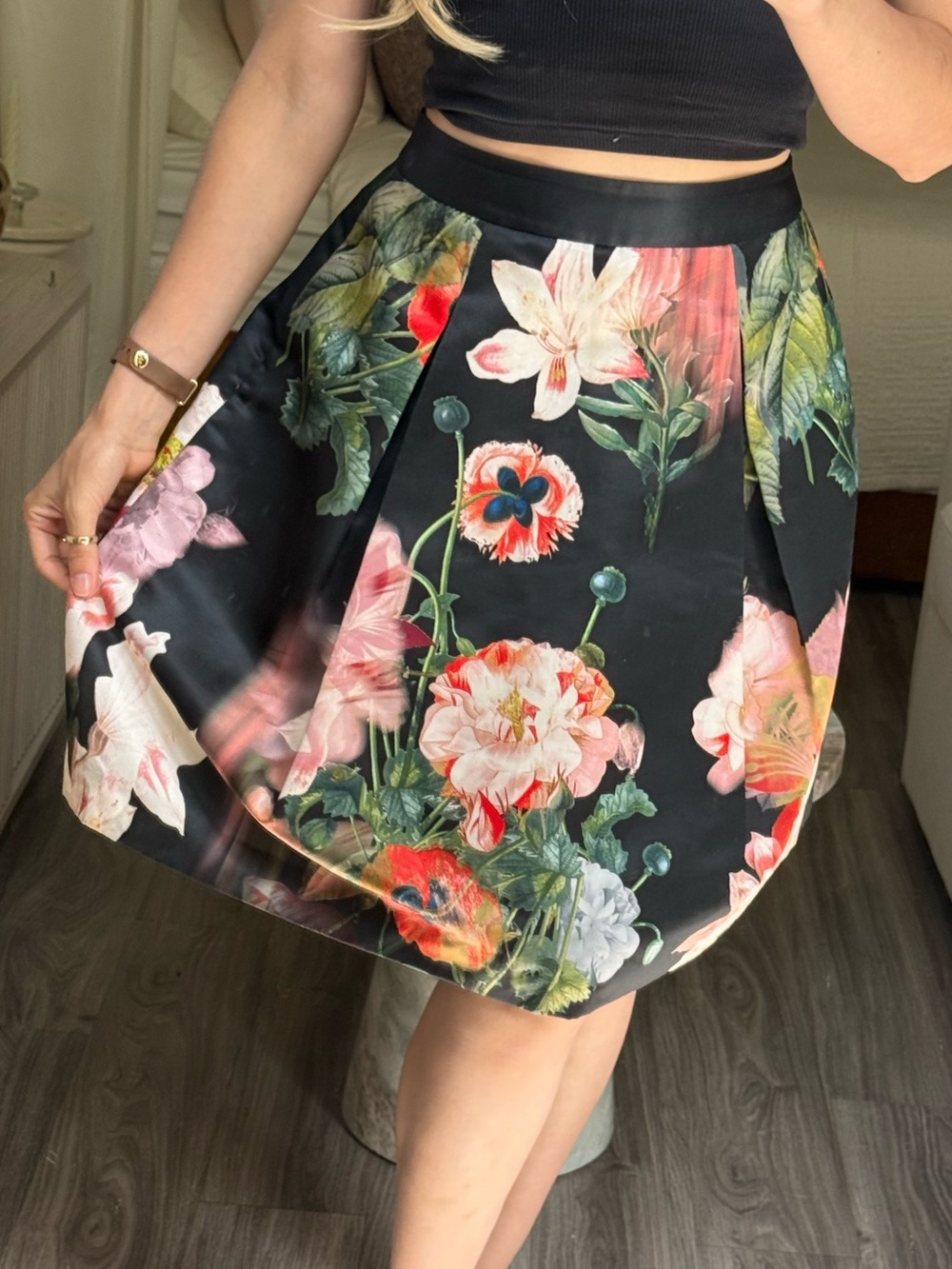Ted Baker London Black Floral Full Skater Skirt | Romantic Garden Print